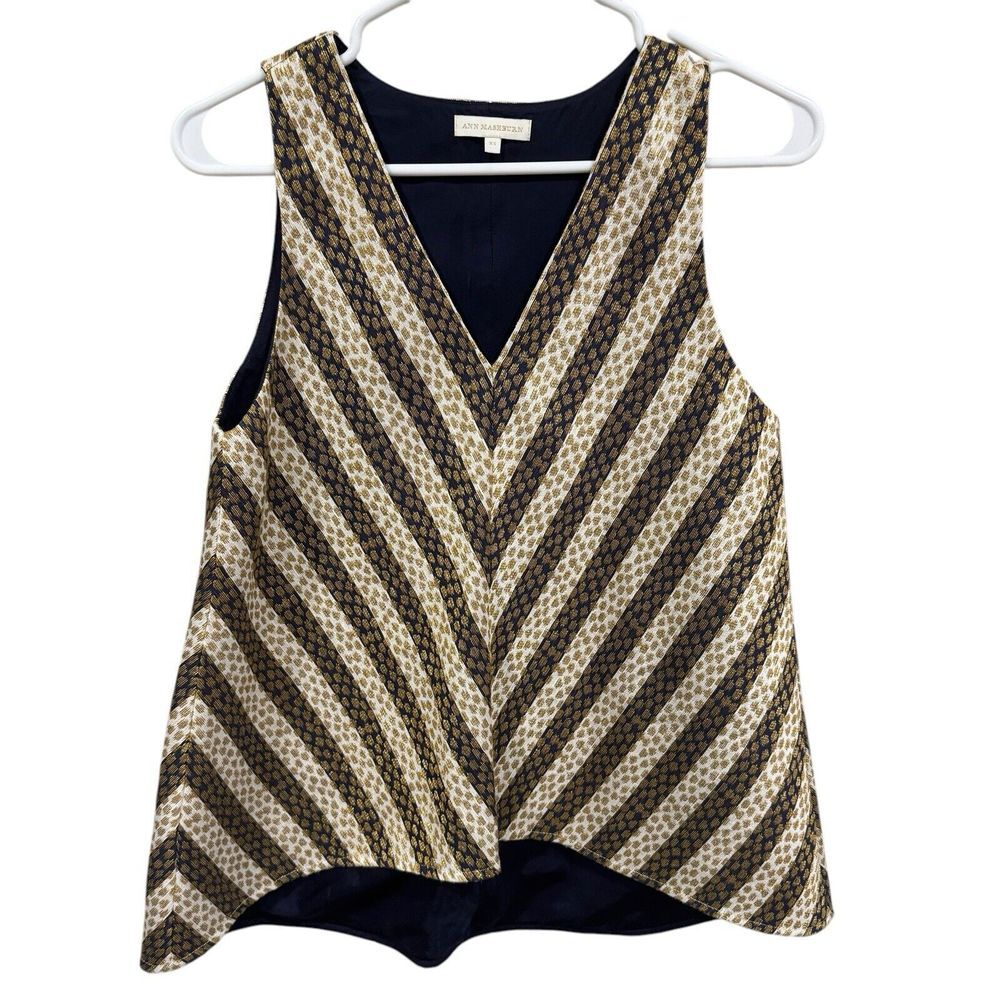Ann Mashburn Sleevelss V-Neck Top‎ Navy White Stripe Gold Dot XS